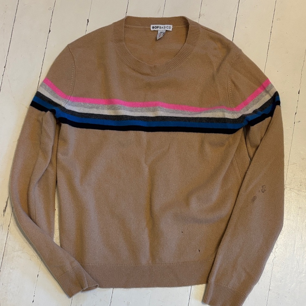Bop Basic Chasmere Tan Sweater with Multicolor Stripes